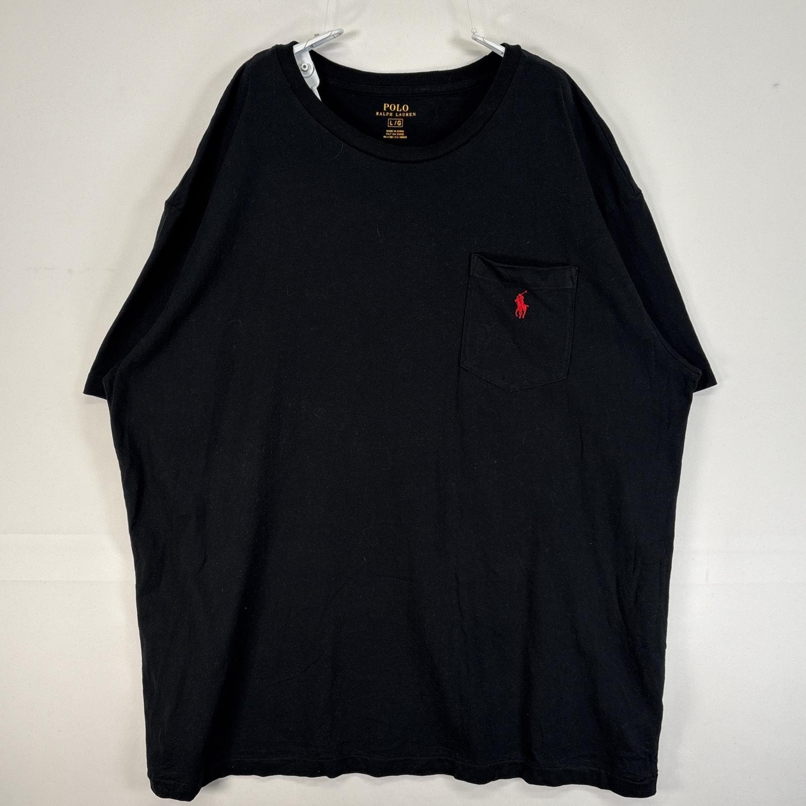古着 ポロ・ラルフローレン POLO RALPH LAUREN 半袖Tシャツ ロゴ 刺繍 胸ポケ クルーネック シングルステッチ L ブラック 無地 メンズ