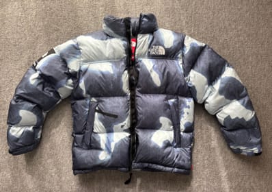 Supreme x The North Face Bleached Denim Print Nuptse Jacket "Indigo"