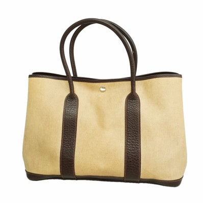 【6ia0809-h】エルメス トートバッグ ガーデンパーティPM トワルアッシュ ブラウン シルバー金具 □F刻印【中古】レディース