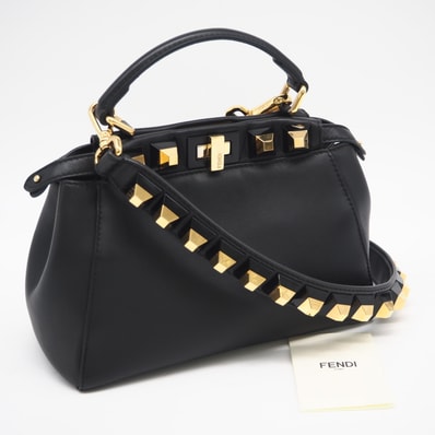 美品 FENDI フェンディ レザー ミニピーカブー ゴールドエディション 8BN244 2wayハンドバッグ ブラック レザー レディース