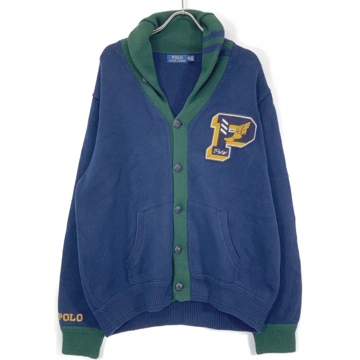 ポロ ラルフローレン ネイビー×グリーン コットン レタード ニットカーディガン XXL