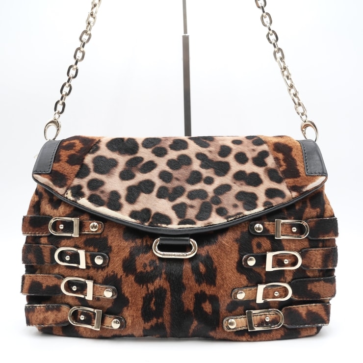 JIMMY CHOO(ジミー チュウ)バイカー レオパード ポニーヘア ブリックス コンバーチブル クラッチ ショルダーバッグ チェーン ブラウン シルバー金具 レディース【中古】