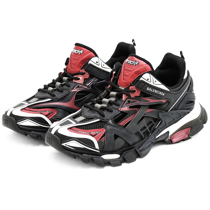 【美品】BALENCIAGA バレンシアガ Track2 スニーカー サイズ JP28.5 UK9 EU43 メンズ メタリック × メッシュ ロゴ チャンキーソール 厚底 シューズ 靴 袋付属 ブラック レッド 黒 赤