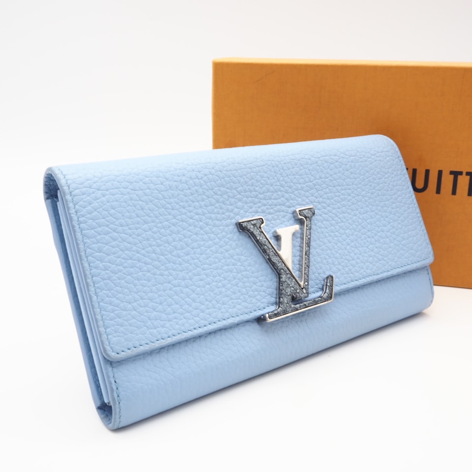 美品 LOUIS VUITTON ルイ・ヴィトン トリヨン ポルトフォイユ カプシーヌ N82822 長財布 ブルー グレインカーフレザー レディース