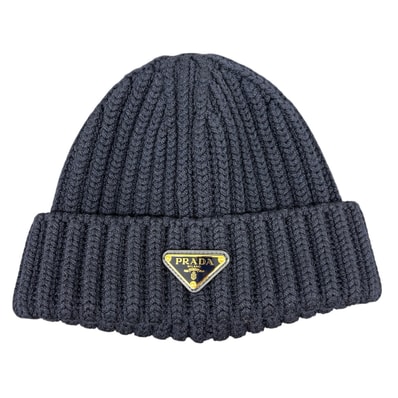 PRADA 希少 展示品級 プラダ トライアングル ロゴ ビーニー 1HC390 ニットキャップ ニット帽 ダークネイビー ゴールド 帽子 三角プレート ロゴプレート 極美品 SAランク 中古 鑑定済 プラダニット帽