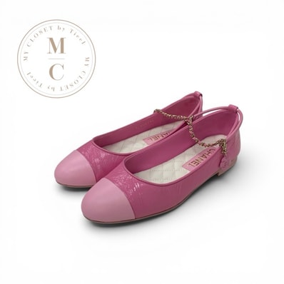 シャネル CHANEL フラットシューズ 靴 シューズ レザー ピンク ゴールド ココマーク カメリア チェーンストラップ シワ加工