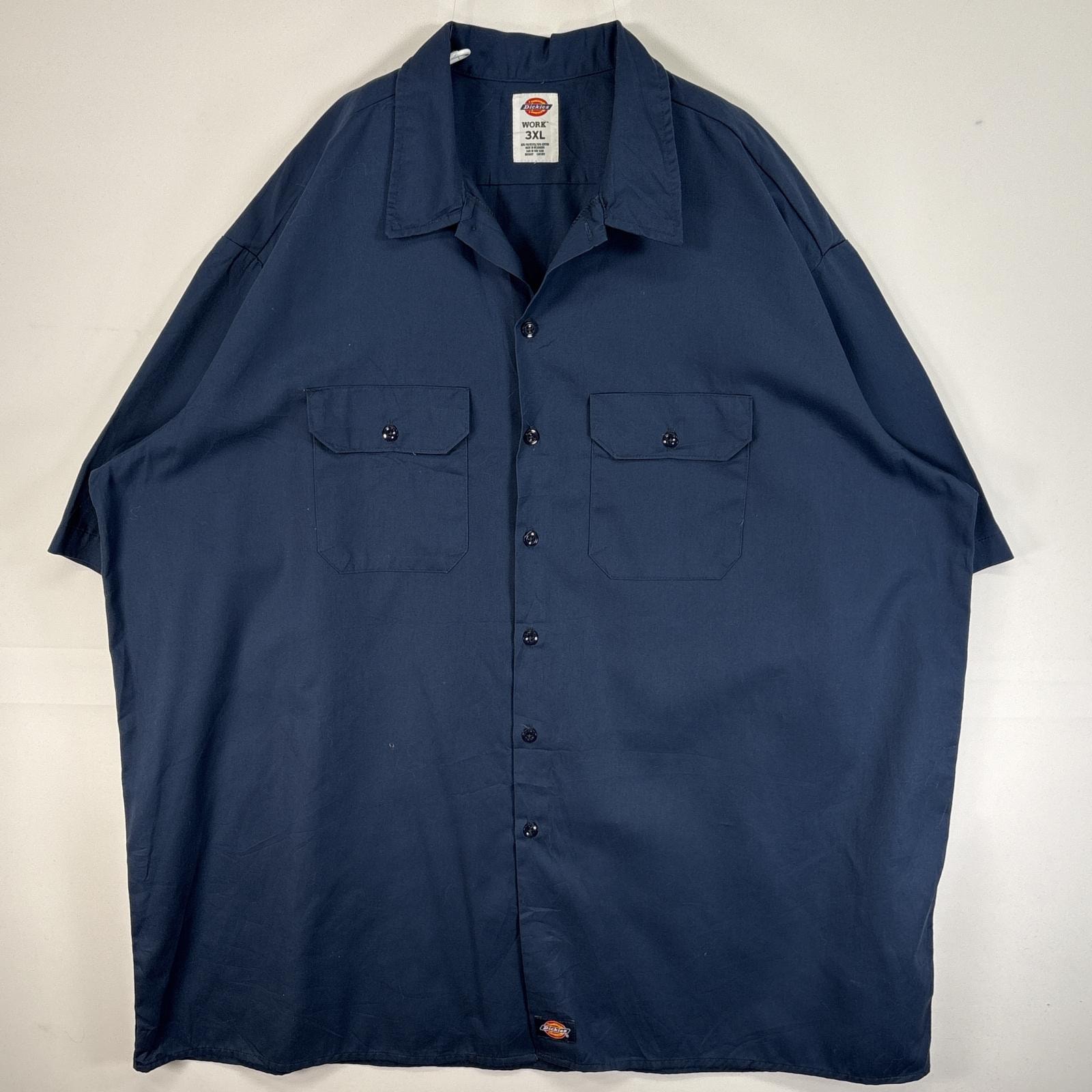 古着 ディッキーズ Dickies 半袖シャツ ワーク 作業着 フラップポケ 大きいサイズ ワンポイント ロゴ 3XL ネイビー 無地 メンズ