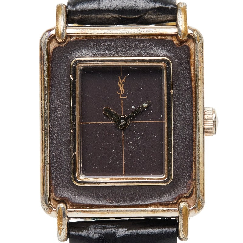 サンローラン マカロン レザーイン 腕時計 4-831268 クオーツ ブラウン文字盤 メタル レザー レディース SAINT LAURENT 【中古】