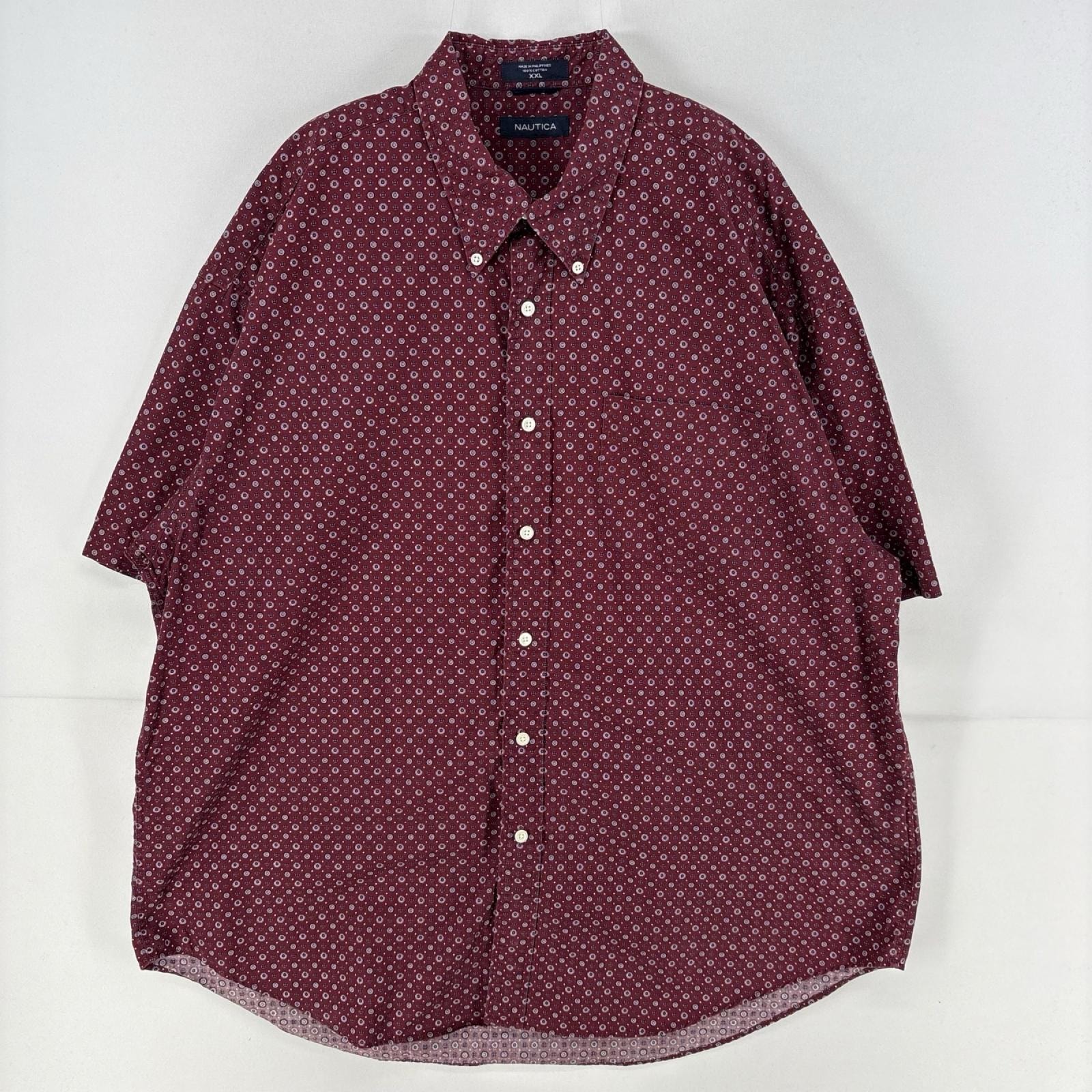 古着 ノーティカ NAUTICA 半袖シャツ 胸ポケット 柄シャツ 総柄 大きいサイズ ボタンダウン 2XL レッド系 総柄 メンズ