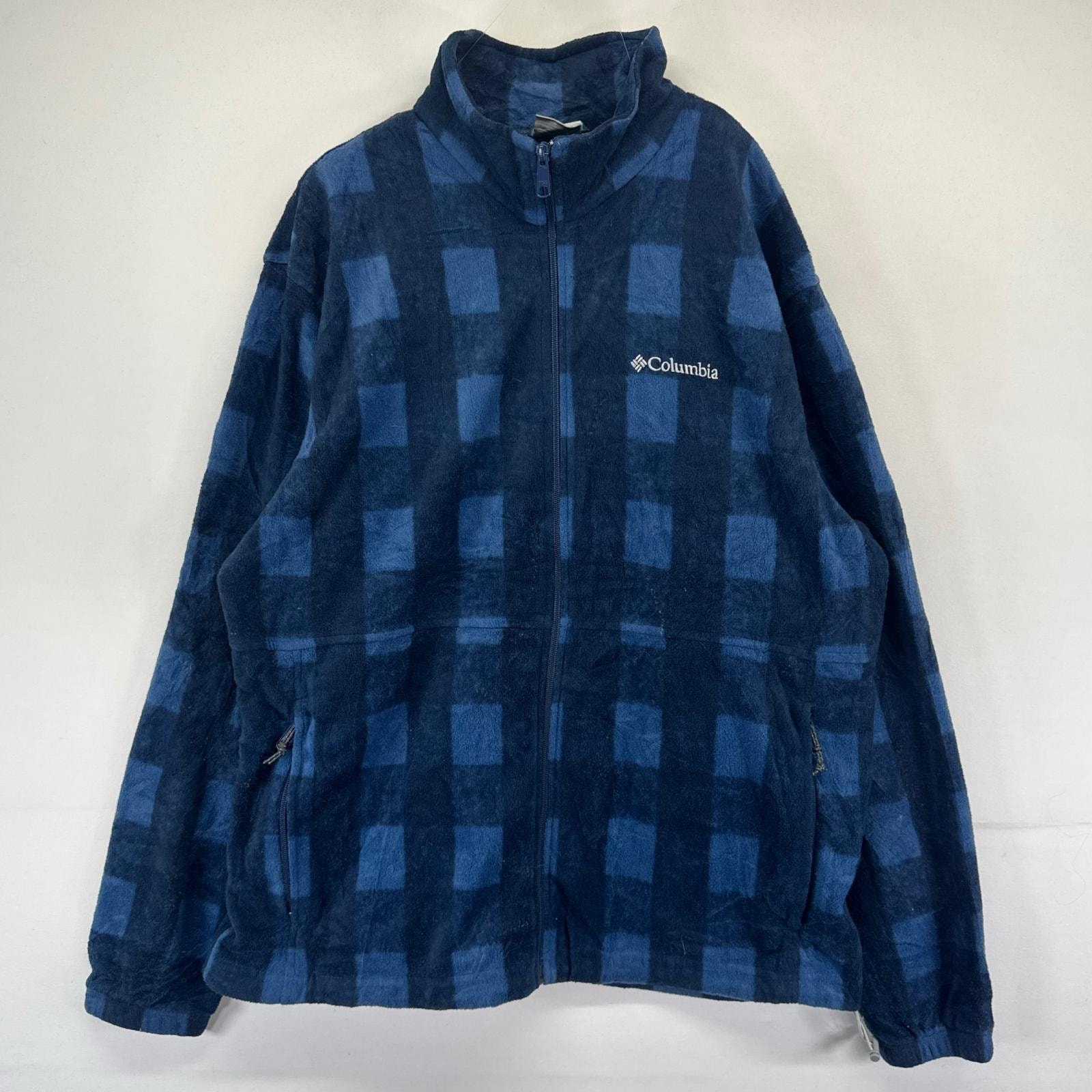 古着 コロンビア Columbia フリース ジャケット フルジップ ワンポイントロゴ刺繍 アウトドア XL ネイビー系 チェック メンズ