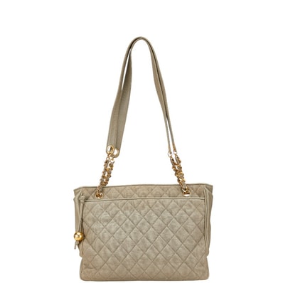 シャネル マトラッセ ココマーク チェーン トートバッグ グレー ライトグリーン キャンバス レザー レディース CHANEL 【中古】