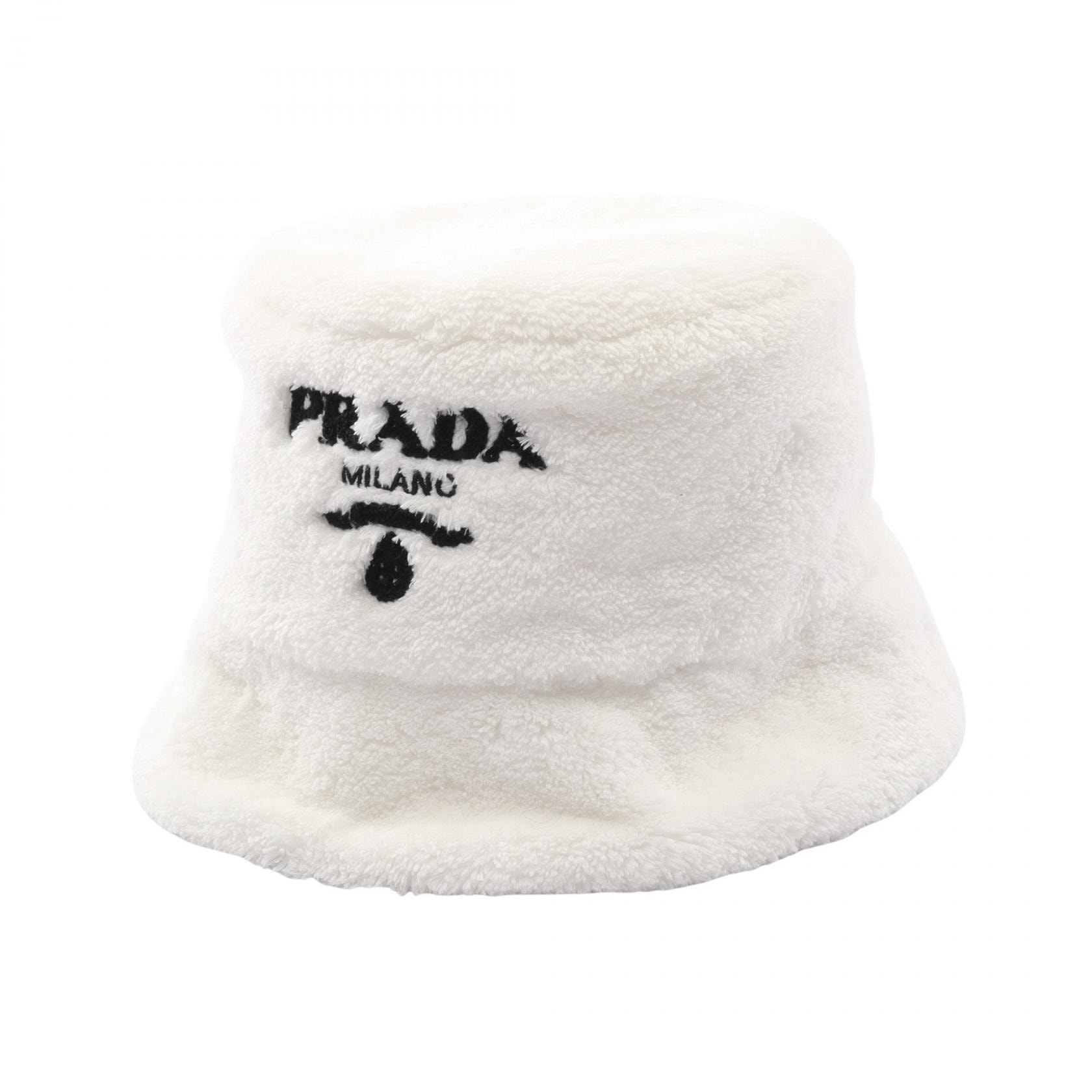 プラダ PRADA ロゴ パイル バケット ハット 帽子 ポリエステル レディース ホワイト系 1HC137 【中古】