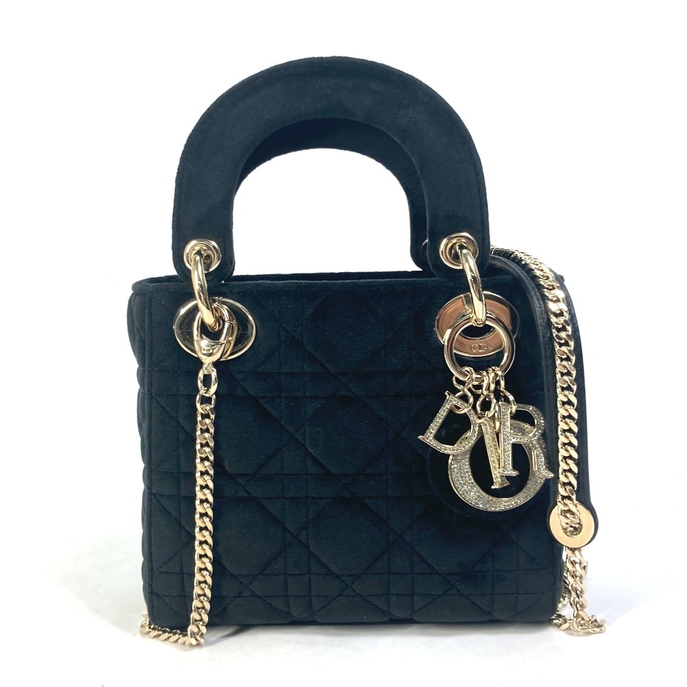 ディオール Dior レディディオール カナージュ ミニ LADY DIOR チェーン ラインストーン 2WAY ショルダーバッグ ハンドバッグ ベロア/レザー ブラック 未使用