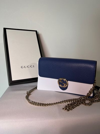 グッチ GGマーモント ショルダーバッグ レザーチェーンウォレットネイビー