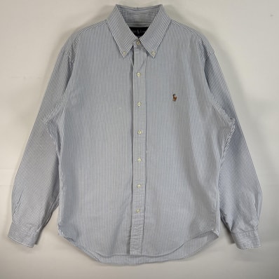 古着 90's/90年代 ラルフローレン RALPH LAUREN 長袖シャツ ロゴ 刺繍 ボタンダウンシャツ CLASSIC FIT 水色系 ストライプ メンズ