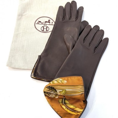 HERMES レザー シルクイン グローブ 手袋 #7.5 ブラウン 鑑定済み 正規品 エルメス