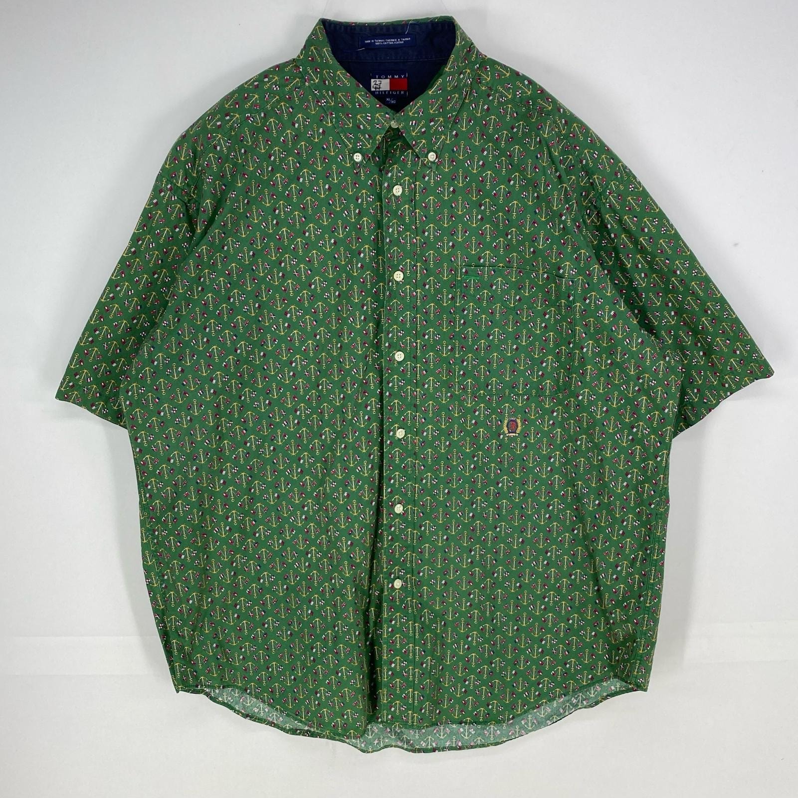 古着 90's/90年代 トミーヒルフィガー TOMMY HILFIGER 半袖シャツ ボタンダウン ワンポイント XL グリーン系 総柄 メンズ