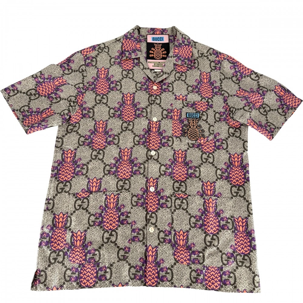 GUCCI グッチ 半袖シャツ GG パイナップル トップス アパレル 服 44 669202 ブラウン 茶 オレンジ シルク メンズ 春 夏 美品【中古品】