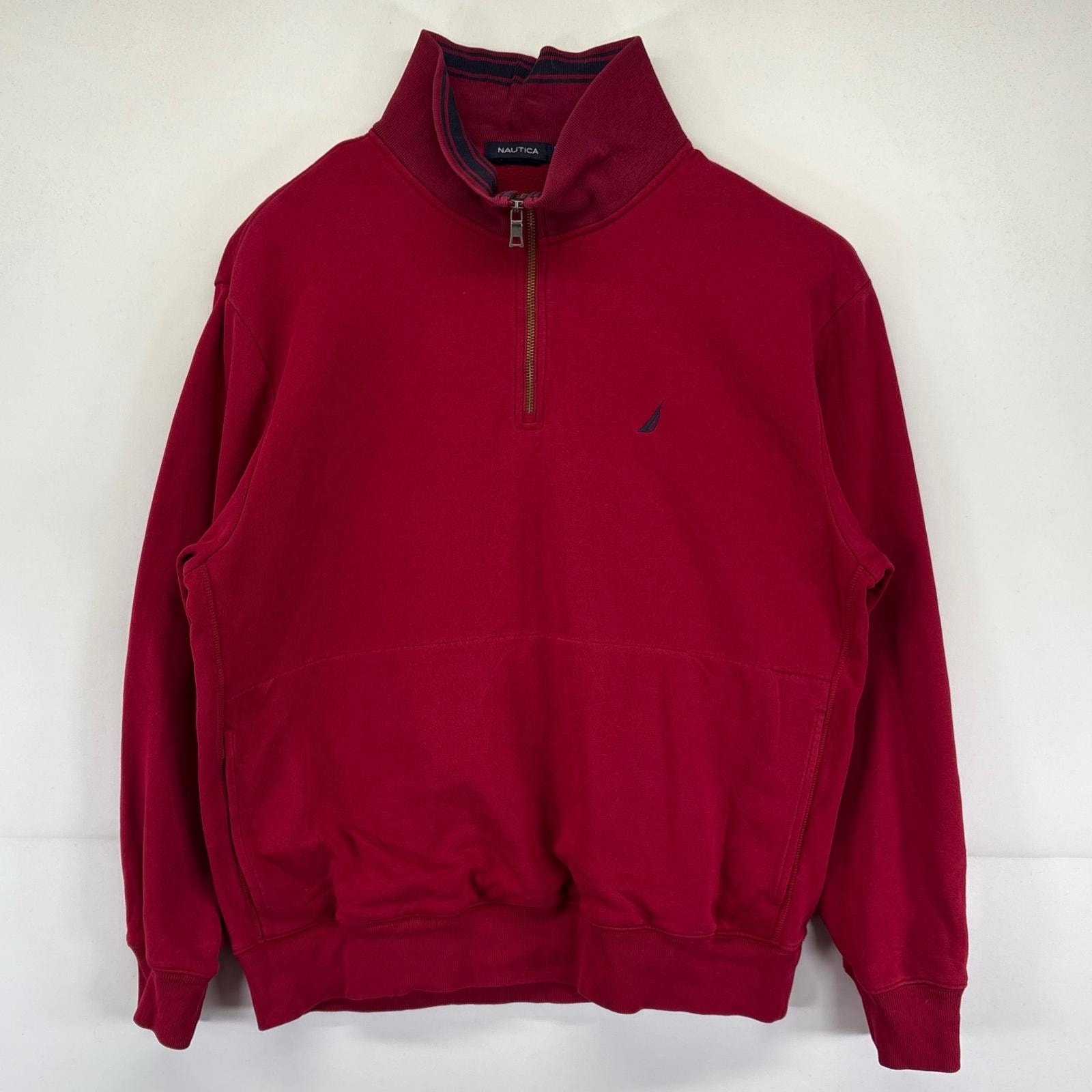 古着 ノーティカ NAUTICA スウェット ハーフジップ トレーナー プルオーバー ワンポイント刺繍デザイン L  レッド メンズ