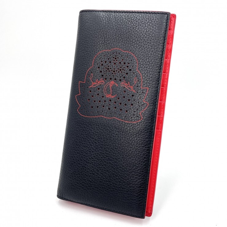 Christian Louboutin(クリスチャンルブタン)パンチングロゴ 二つ折り長財布 レザー ブラック レッド イタリア製 メンズ【中古】