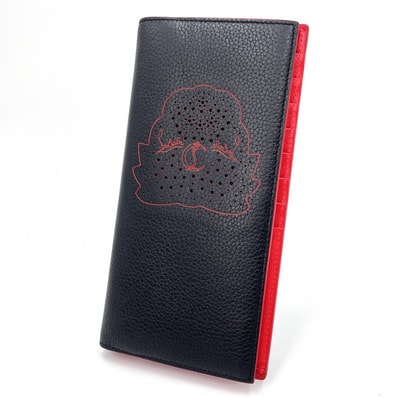 Christian Louboutin(クリスチャンルブタン)パンチングロゴ 二つ折り長財布 レザー ブラック レッド イタリア製 メンズ【中古】