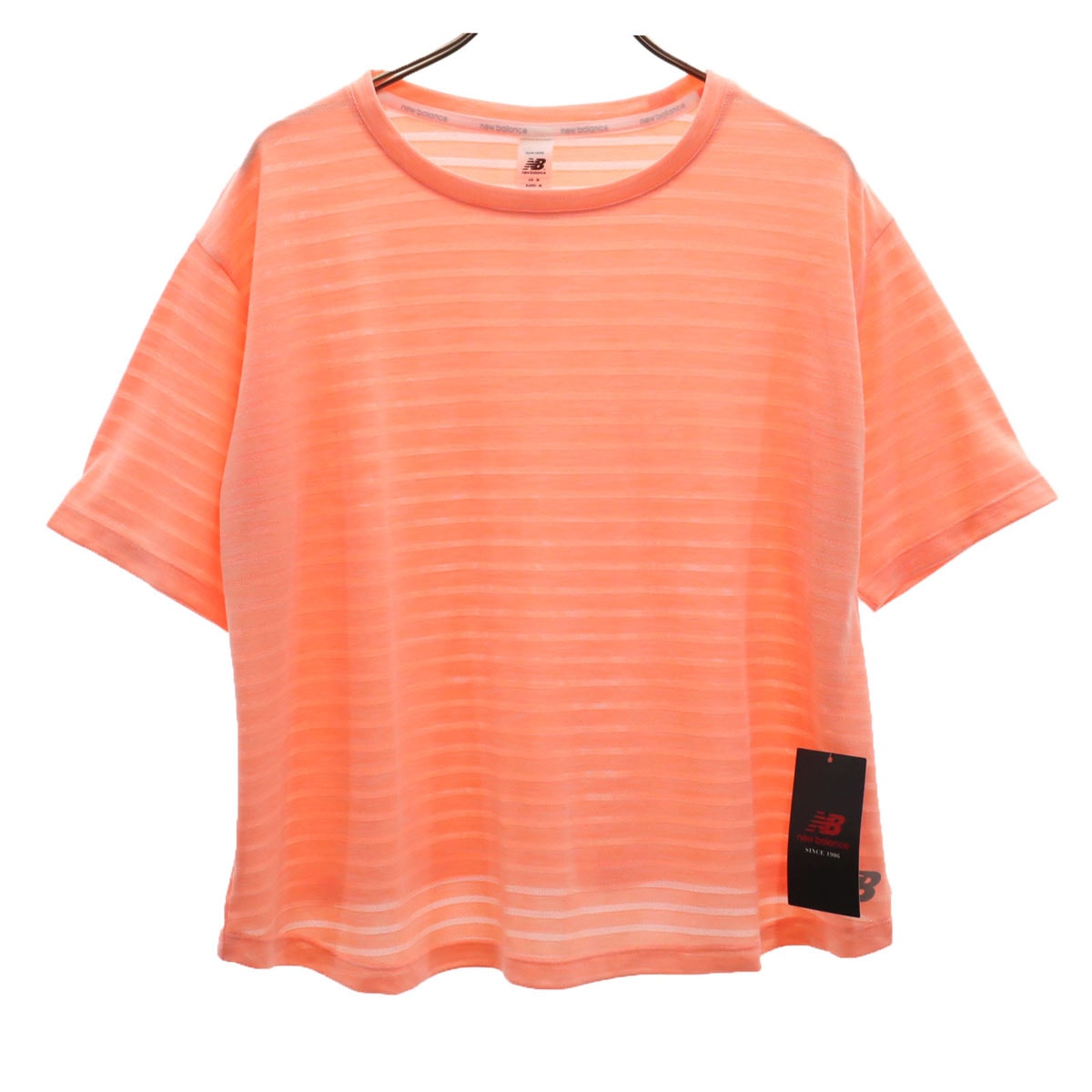 未使用 NEW BALANCE ニューバランス ボーダー柄 半袖 オーバーサイズ メッシュ Tシャツ L ピンク系