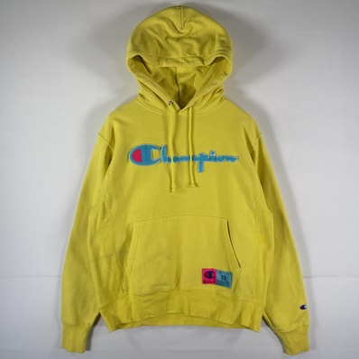 古着 チャンピオン Champion パーカー リバースウィーブ スウェット フーディ ビッグロゴワッペン ネオンカラー MEDIUM イエロー メンズ