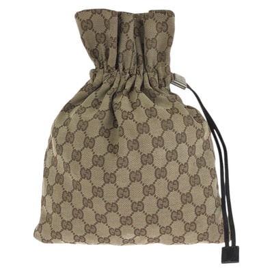 GUCCI グッチ ドローストリング ベージュ ブラウン シルバー金具 GGキャンバス レザー/ ポーチ 小物入れ 男女兼用 603302 【中古】