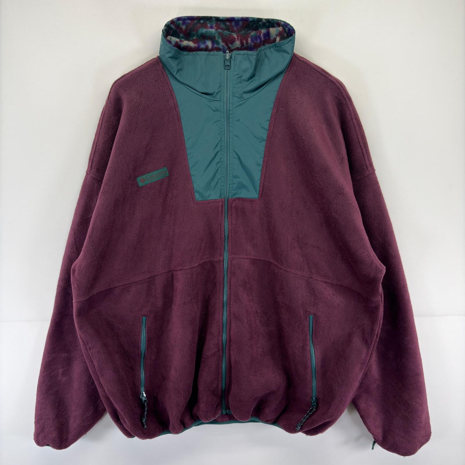 古着 90's/90年代 コロンビア Columbia ジャケット フリース ナイロン切替え 大きいサイズ フルジップ 2XL ボルドー系 メンズ
