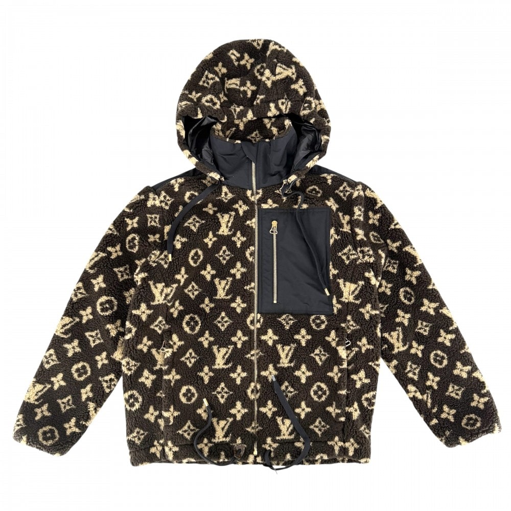 LOUIS VUITTON ルイヴィトン ブルゾン LVロゴフリース フード ボアジャケット アパレル 服 アウター 34 ブラウン 茶 ブラック 黒 ゴールド金具 ウール  アクリル  ポリエステル  レディース 冬【中古品】