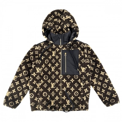 LOUIS VUITTON ルイヴィトン ブルゾン LVロゴフリース フード ボアジャケット アパレル 服 アウター 34 ブラウン 茶 ブラック 黒 ゴールド金具 ウール アクリル ポリエステル レディース 冬【中古品】
