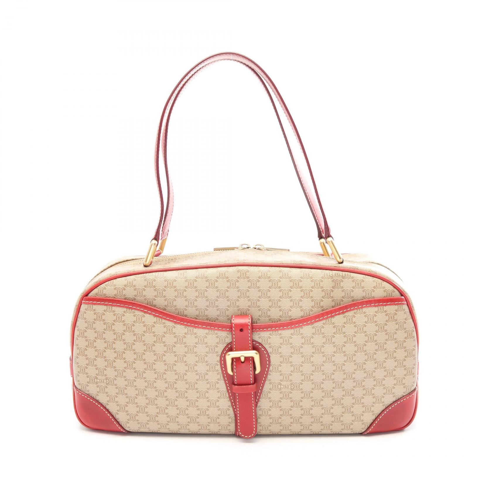 セリーヌ CELINE マカダム ハンドバッグ バッグ PVCコーティングキャンバス レザー レディース ベージュ系 / レッド系 【中古】