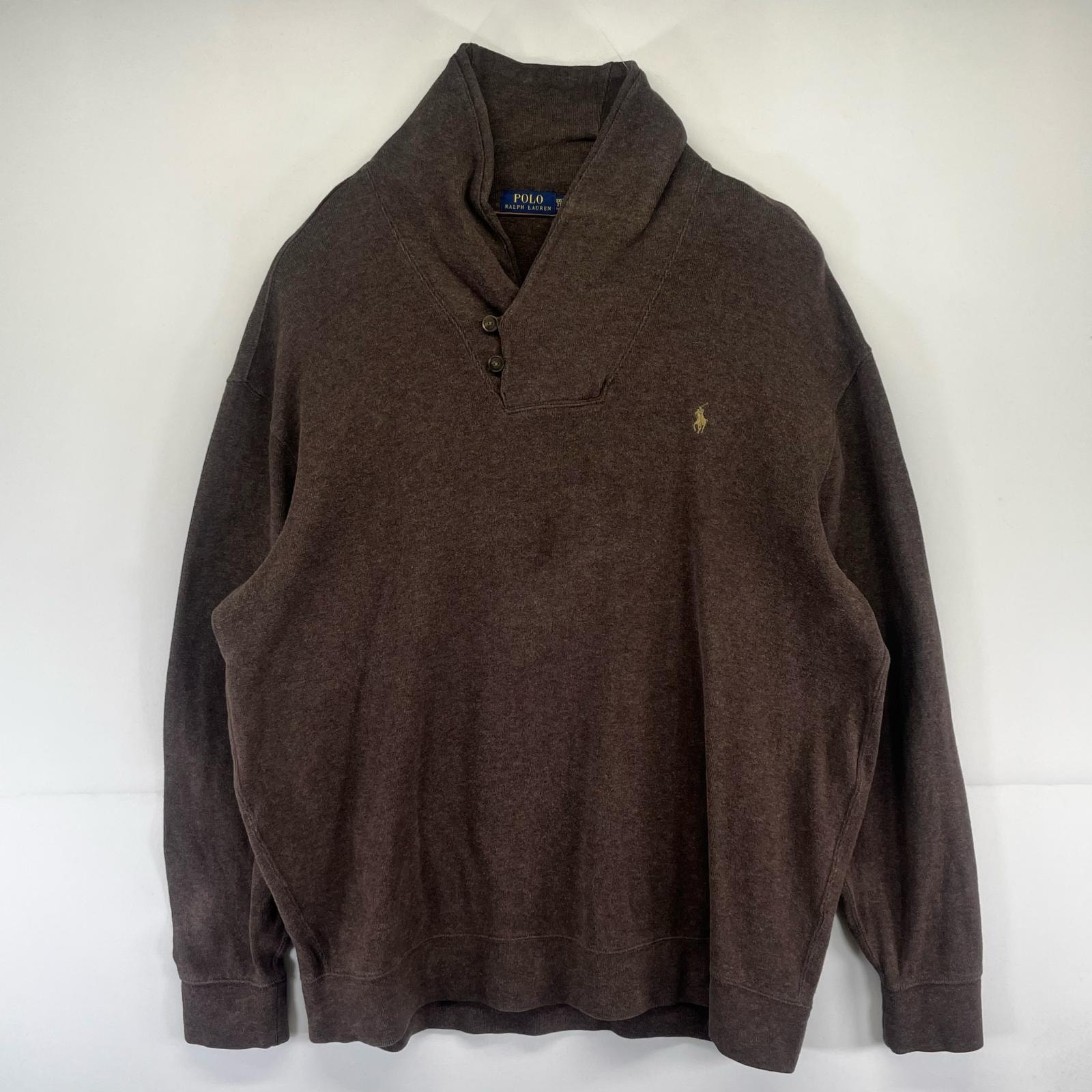古着 ポロ・ラルフローレン POLO RALPH LAUREN ニット スウェット 刺繍 ショールカラー ワンポイント ロゴ 2XL ブラウン系 メンズ