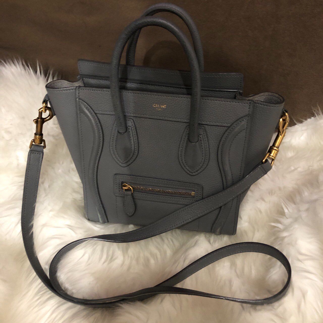 CELINE Micro Luggage Handbag In Baby Drummed Calfskin "Kohl"