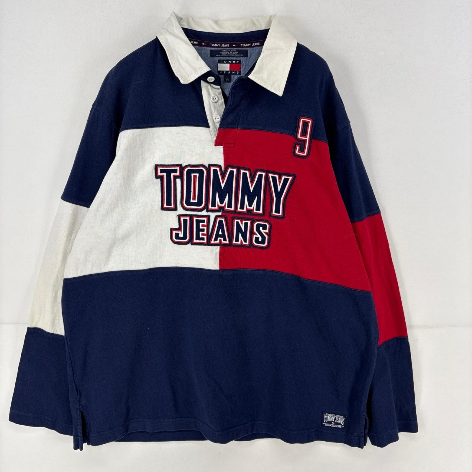 古着 トミーヒルフィガー TOMMY HILFIGER 長袖シャツ ロゴ ビッグフラッグ トミージーンズ 刺繍 ラガーシャツ L  ネイビー メンズ