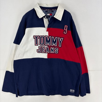 古着 トミーヒルフィガー TOMMY HILFIGER 長袖シャツ ロゴ ビッグフラッグ トミージーンズ 刺繍 ラガーシャツ L ネイビー メンズ