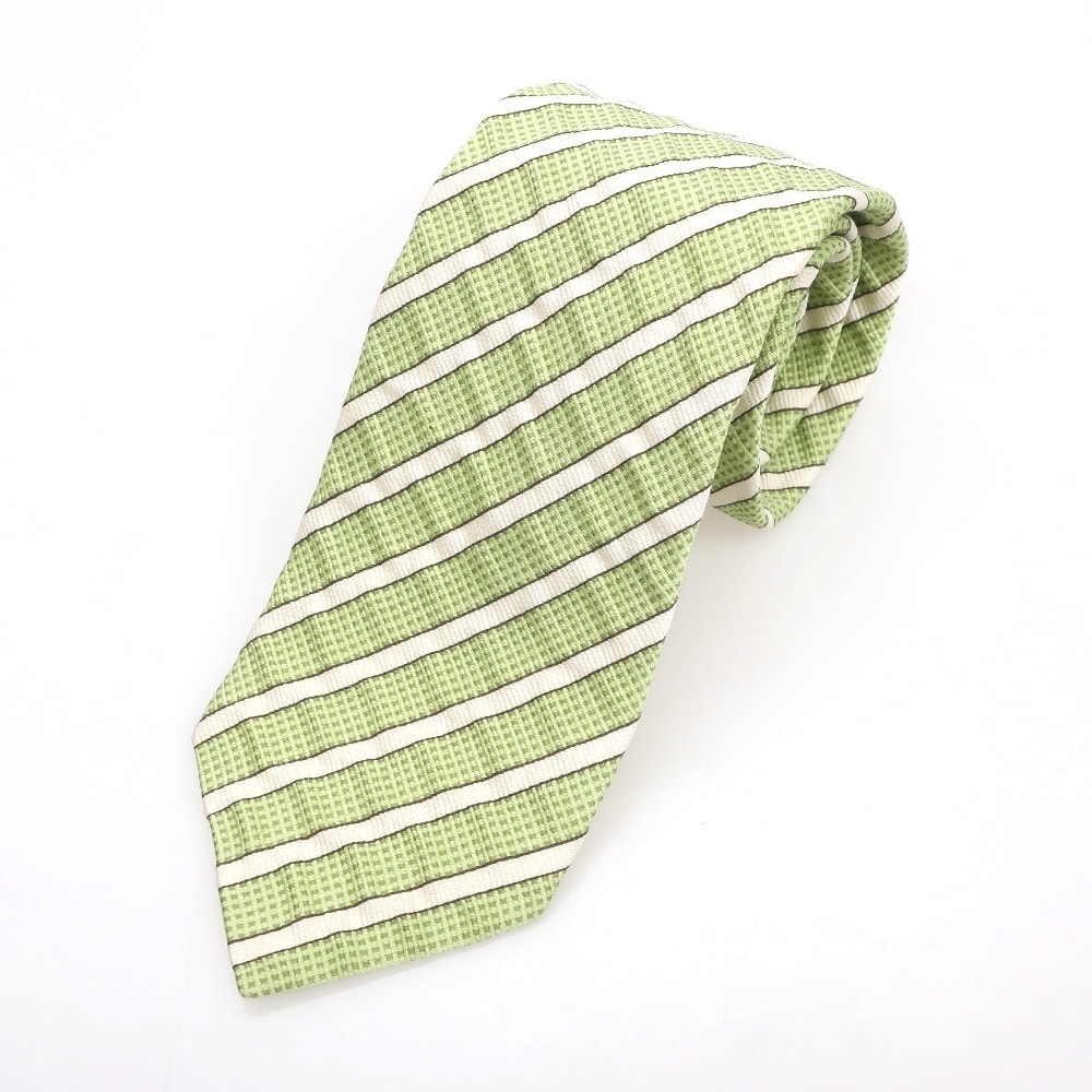 【中古】ジョルジオアルマーニ GIORGIO ARMANI 三つ折り シルク ストライプ柄ネクタイ ライトグリーン【メンズ】