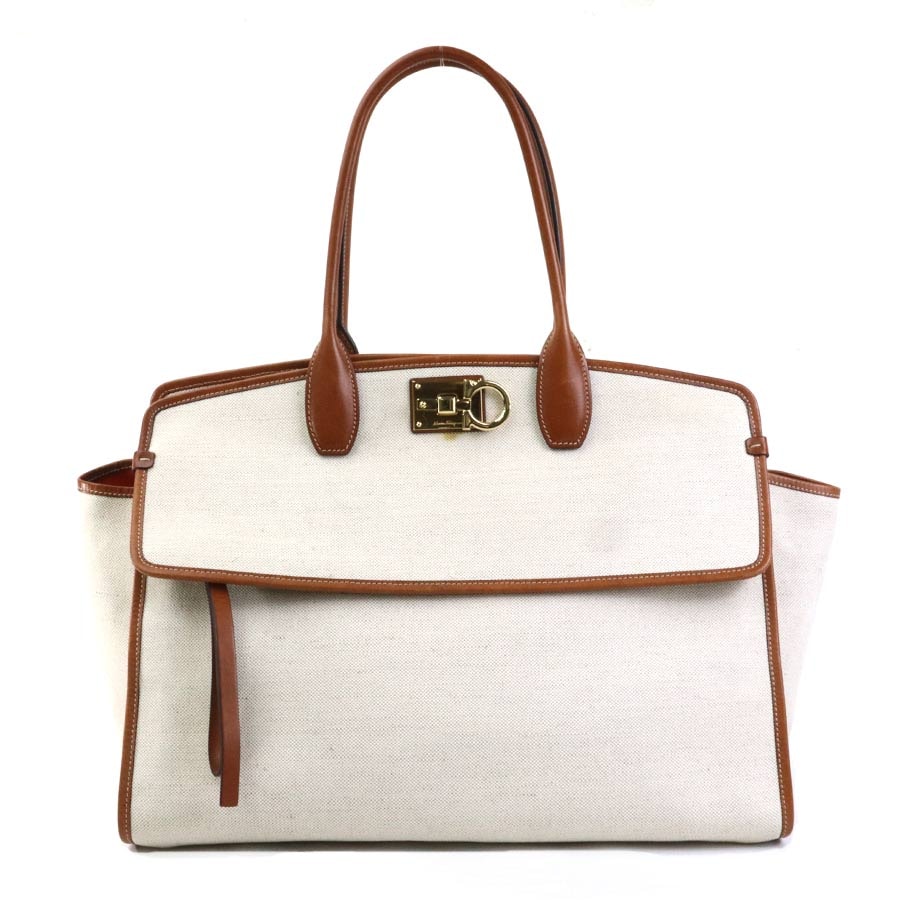 サルヴァトーレフェラガモ Salvatore Ferragamo ハンドバッグ ガンチーニ キャンバス/レザー アイボリー×ブラウン ユニセックス【中古】 55976g