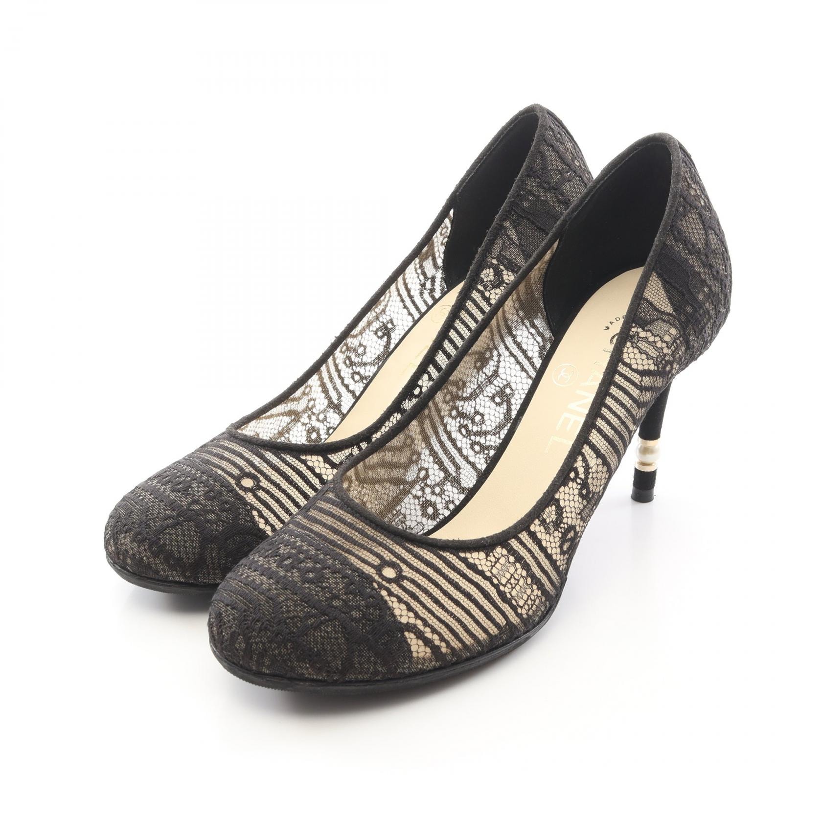 シャネル CHANEL レース パンプス 靴 ファブリック / フェイクパール レディース ブラック系 【中古】