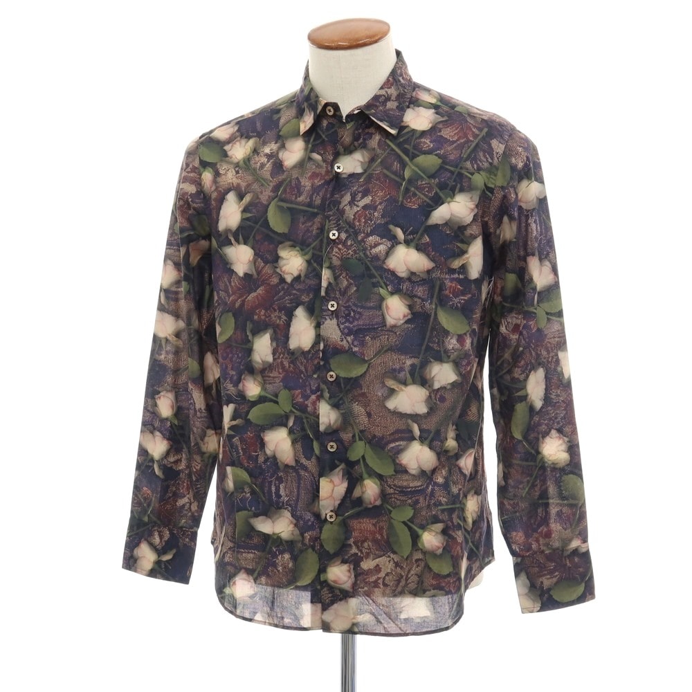 【中古】ポールスミスコレクション PAUL SMITH COLLECTION コットン 花柄 ボタニカル プリント カジュアルシャツ パープル系xグリーン【サイズM】【メンズ】
