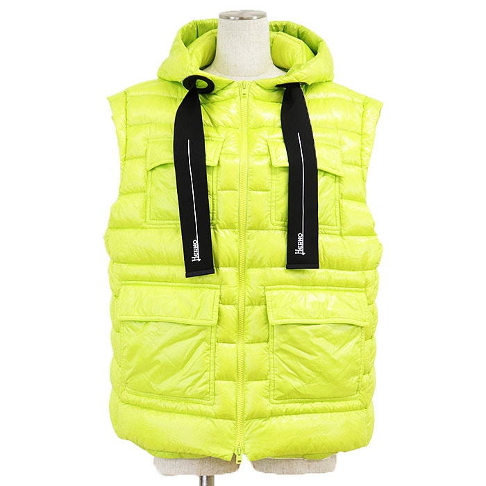 SALE【美品】Herno ヘルノ ダウンベスト フーディー ロゴ メタルプレート ジップアップ ナイロン100% ネオンカラー 蛍光色 ノースリーブ ジャケット アウター レディース サイズ 38 ネオンイエロー 蛍光黄 ルーマニア製