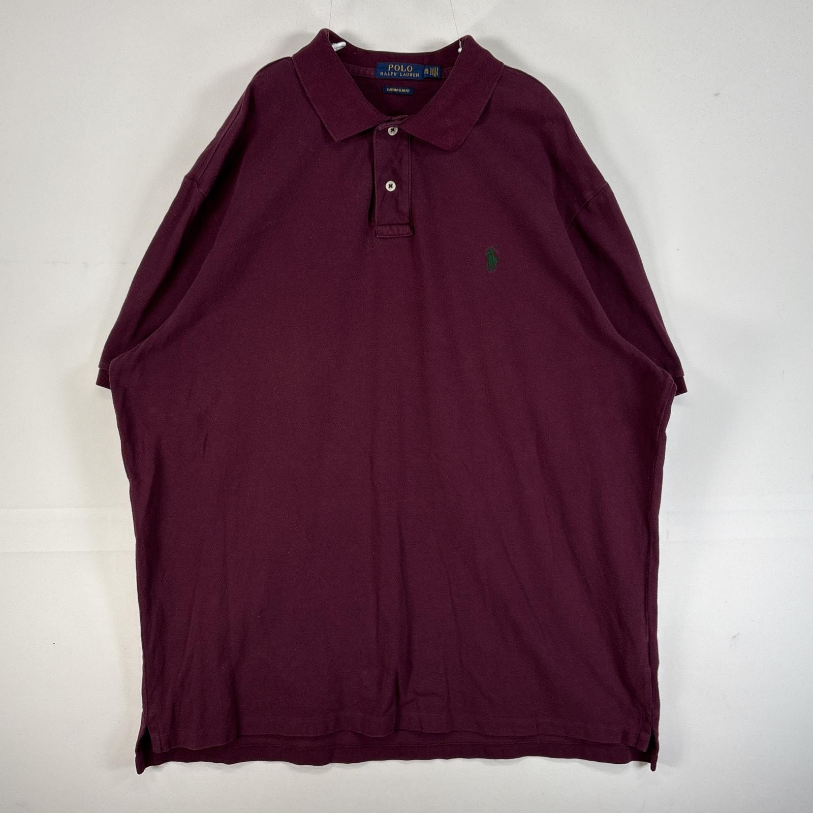 古着 ポロ・ラルフローレン POLO RALPH LAUREN 鹿の子 半袖 ポロシャツ ロゴ 刺繍 大きいサイズ 2ボタン 14041  ワインレッド 無地 メンズ