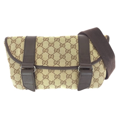 美品 GUCCI グッチ ベージュ ブラウン シルバー金具 GGキャンバス レザー/ ボディバッグ ウエストバッグ 602553 【中古】
