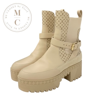 ルイヴィトン LOUIS VUITTON ローリエートライン モノグラム ブーツ ショートブーツ 靴 シューズ レザー スエード ベージュ ゴールド アンクルブーツ サイドゴア ロゴ