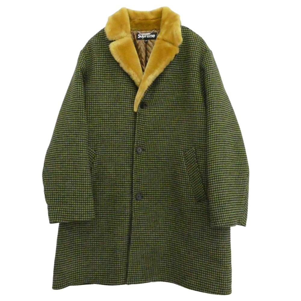 Supreme シュプリーム コート 22AW Fur Collar Car Coat ファーカラー カーコート 千鳥格子柄 裏地キルティング グリーン系 XXL【中古】