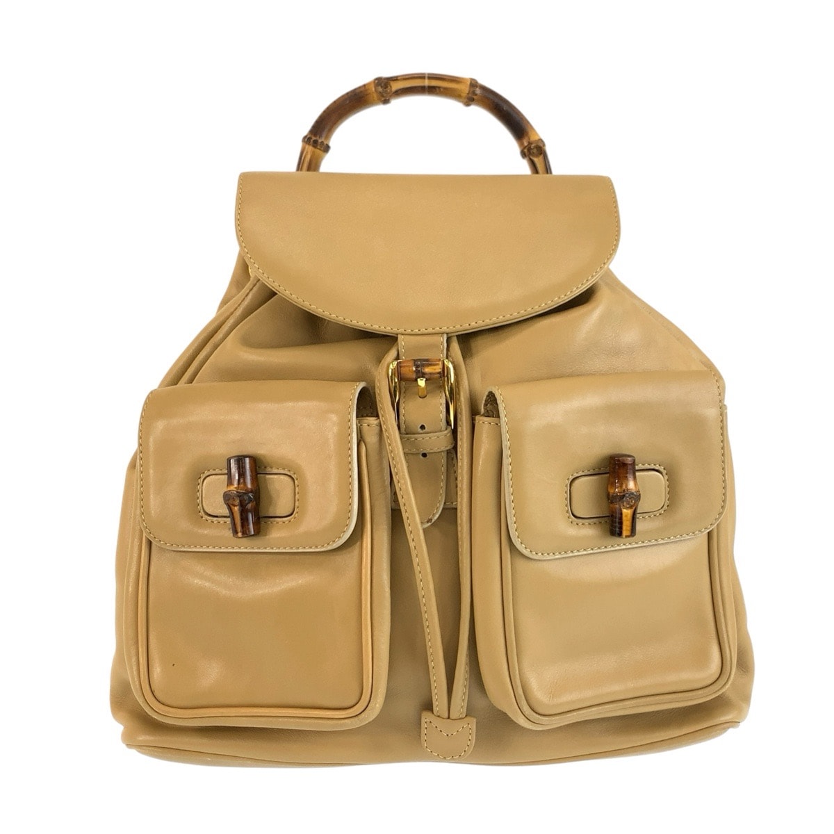 美品 GUCCI グッチ ヴィンテージ バンブー ベージュ ゴールド金具 レザー リュックサック バックパック 604670 【中古】