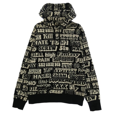 Supreme シュプリーム HYSTERIC GLAMOUR ヒステリックグラマー 17AW Text Hooded Sweatshirt テキスト 総柄 プリント プルオーバー スウェット パーカー ブラック系 ホワイト系 S【中古】