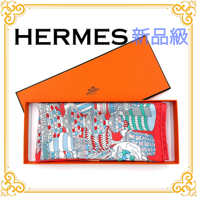 ■極美品■ HERMES エルメス カレ45 LA PATISSERIE FRANCAISE パティスリー フランセーズ スカーフ オレンジ系 マルチカラー レディース ユニセックス ストール シルク 箱付き 総柄 レッド ブルー
