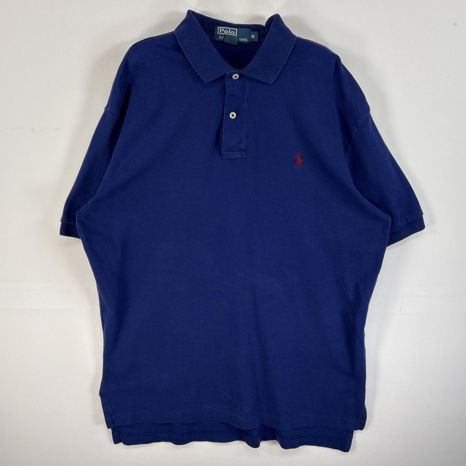 古着 90's/90年代 ポロバイラルフローレン Polo by Ralph Lauren 半袖 ポロシャツ ロゴ 刺繍 2ボタン M  ブルー 無地 メンズ