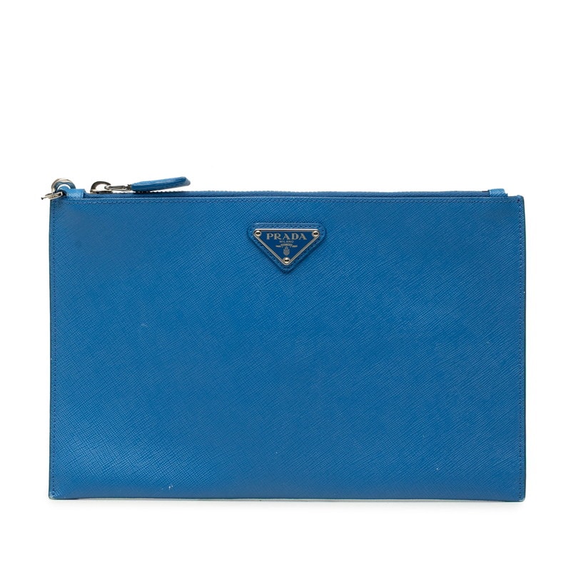プラダ 三角ロゴプレート クラッチバッグ セカンドバッグ ブルー サフィアーノレザー レディース PRADA 【中古】